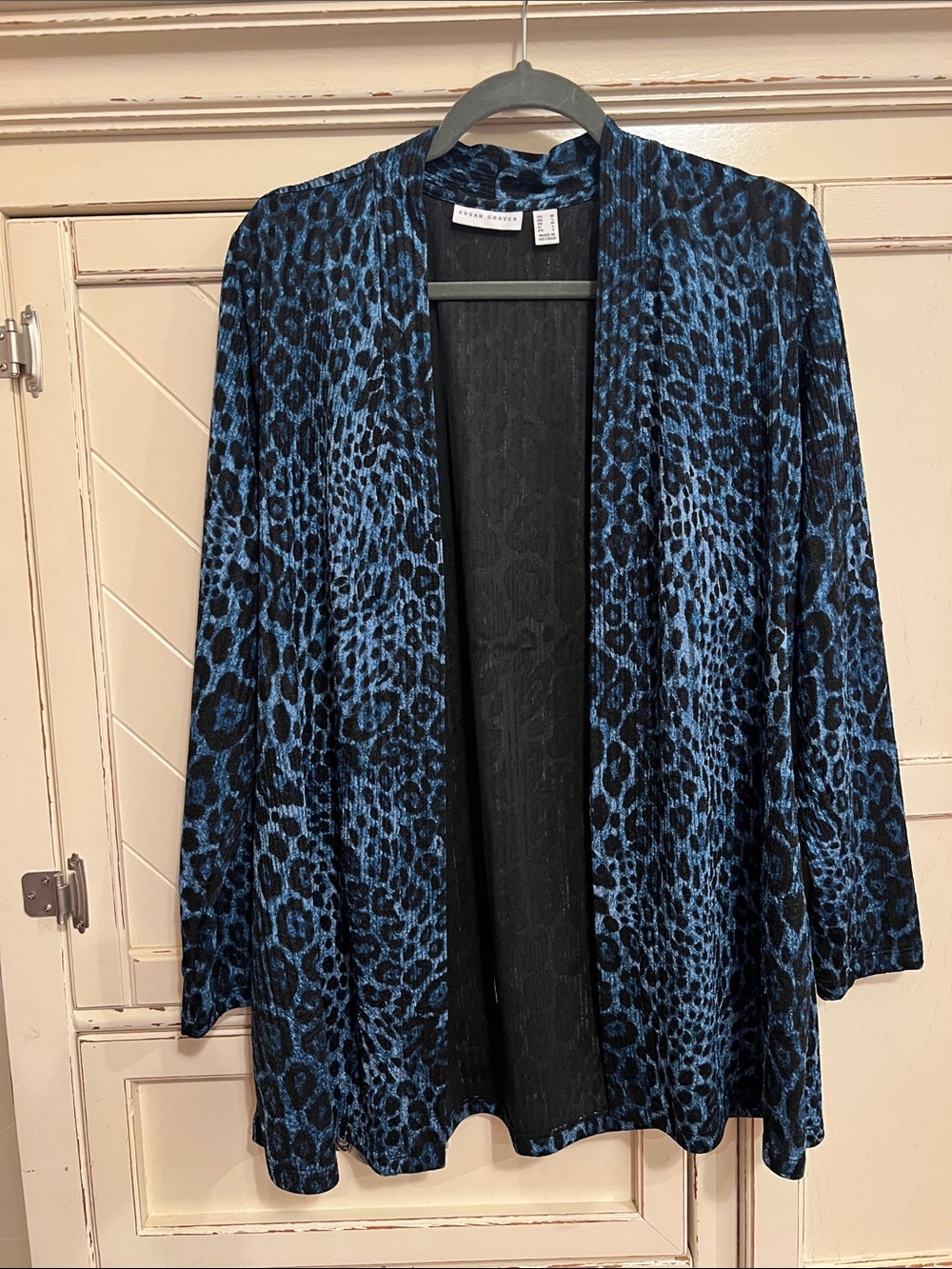 Susan Graver Blue and Black Animal-Print Open Cardigan